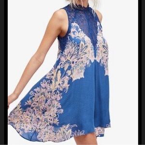 Free People Navy Blue Lace Trim Floral Mini Dress